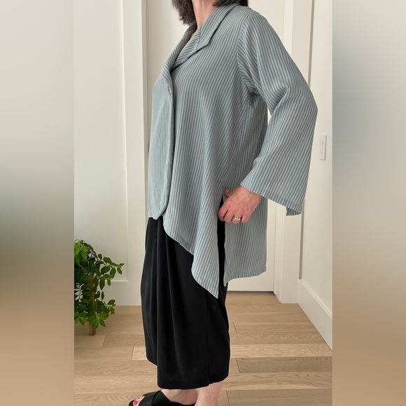 ASYMMETRIC High Low Lightweight Single Button Stripe Jacket Artsy Coastal Office - Picture 4 of 15